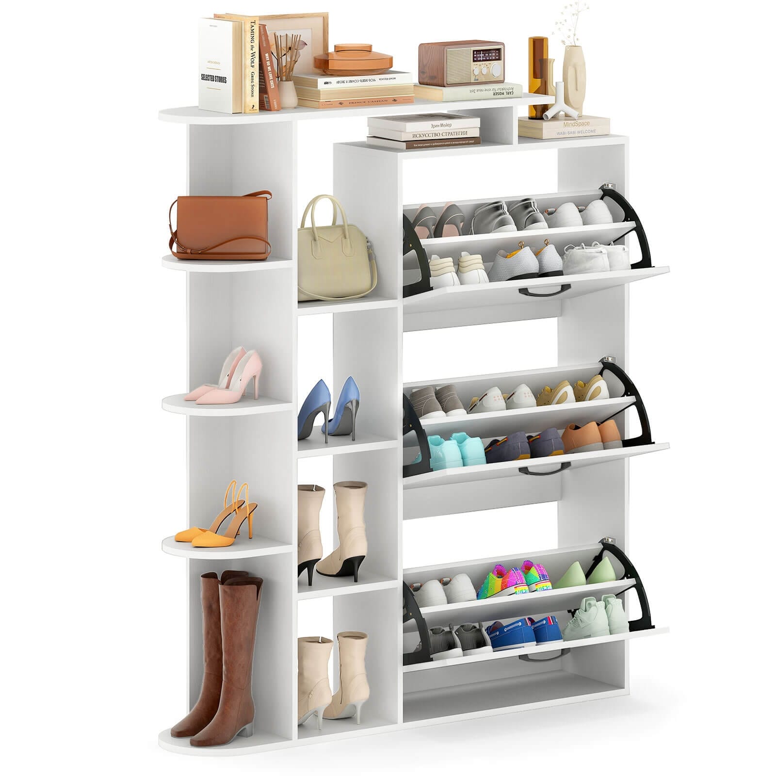 Costway Shoe Cabinet with Open Shelves, 3 Flip Drawers, 8-Tier Side - See Details