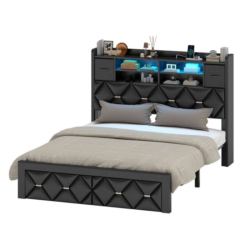 Moasis Upholstered Bed Frame with Storage Headboard And Charging Station and LED Light