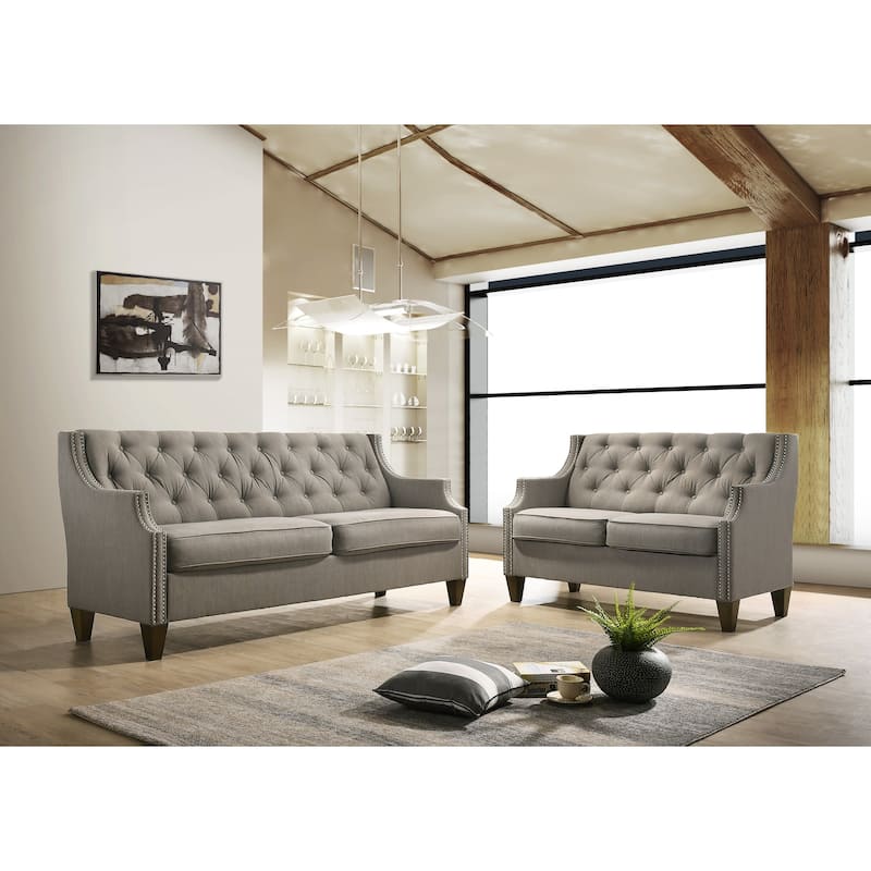 Classic 2 Pc Living Room Sofa Set, Luxurious Tufted Upholstered Couch Set - Grey