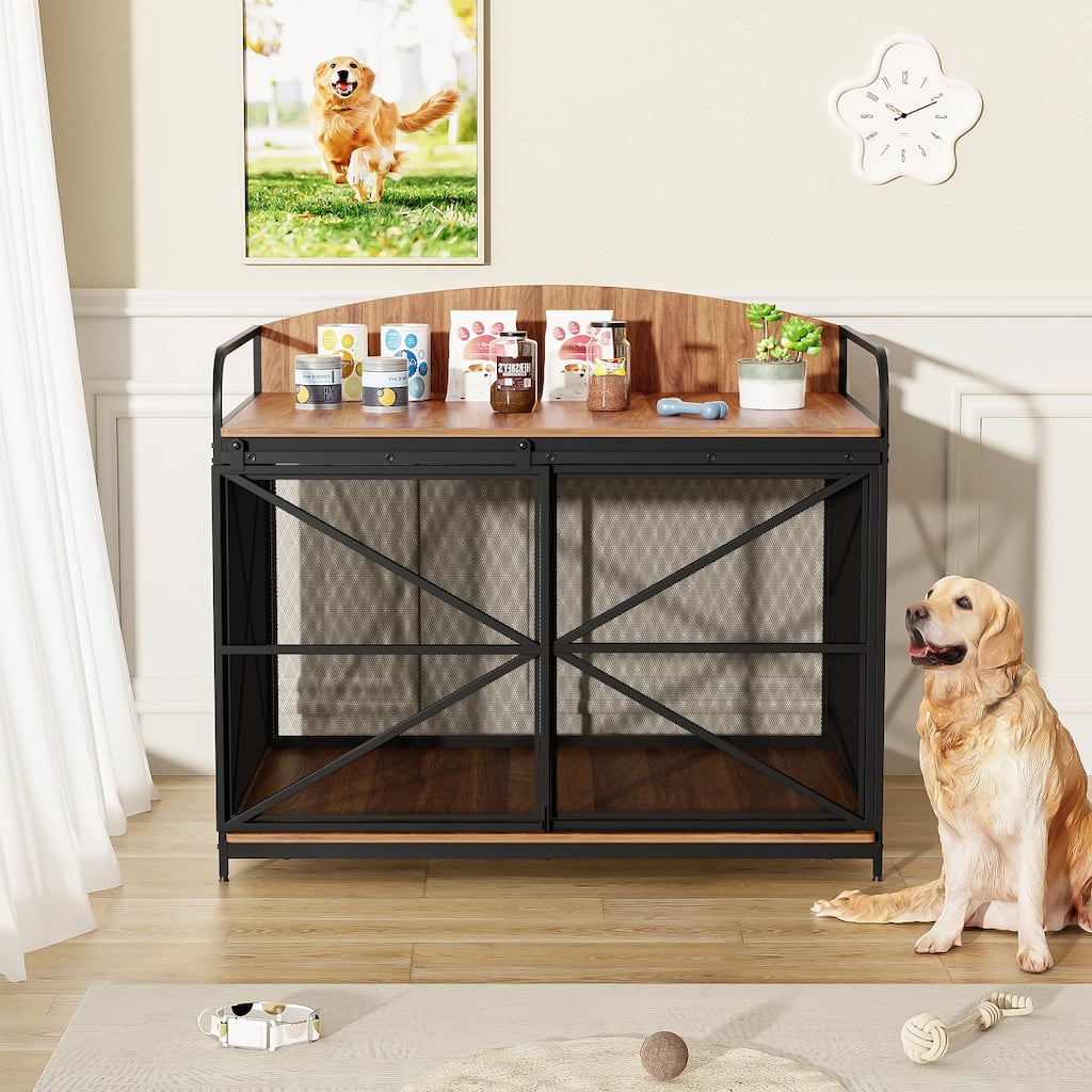 42.8" Farmhouse Dog Crate End Table for Large Dogs, Wood Pet Furniture