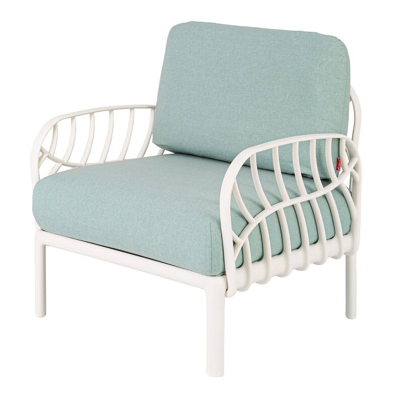 31" White Heavy Duty Plastic Outdoor Armchair With Sea Green Cushion