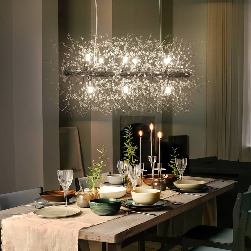 9/12-Light Linear Sputnik Crystal Beaded Pendant Light Firework Starburst Crystal Chandelier for Dining Room