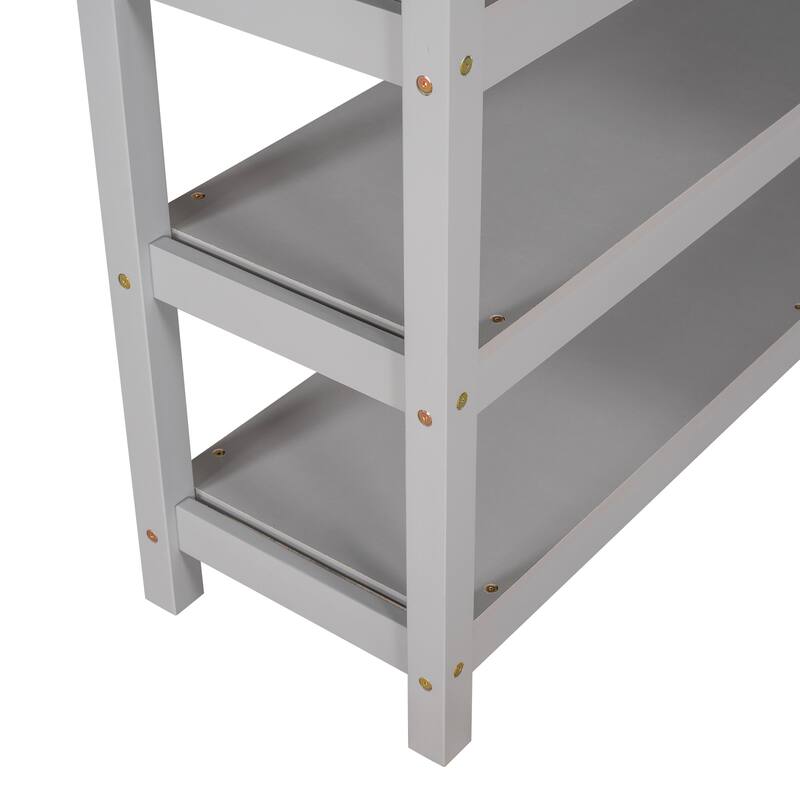 Full/Twin Loft Bed with Integrated Desk and Shelves, Space-Saving Wooden Frame, Durable Pine Wood and MDF, Guardrails Included