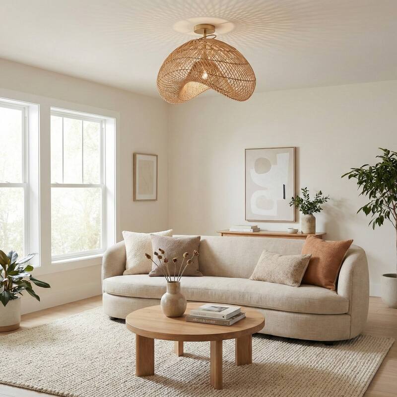 Sepherina Rattan Flush Mount - Rattan Natural 1-Light Handwoven Ceiling Light for Bedroom or Hallway in Modern, Farmhouse Style