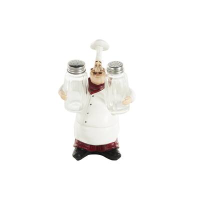 Polystone Chef Figurine Salt and Pepper Shaker Holder with Red Accents - White - Roche River Decor