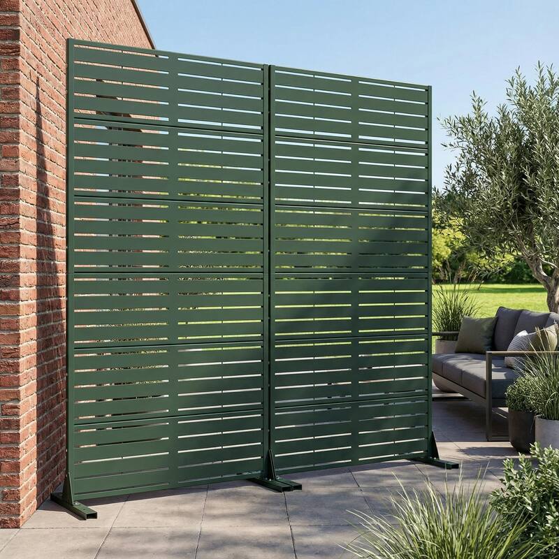 Outdoor Privacy Screen with Stand for Patio Garden Metal Fence Set of 2 - Dark Green - 72"x35"
