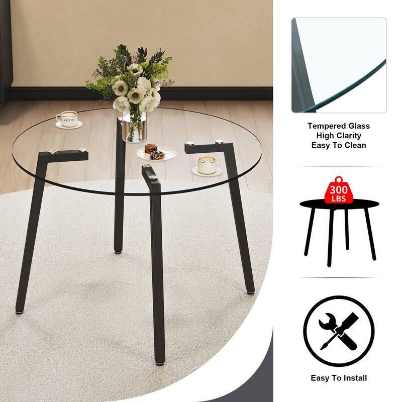 Modern Coffee Table, Round Clear Tempered Glass Table with Black Metal Legs Small Center Table End Table for Living Room