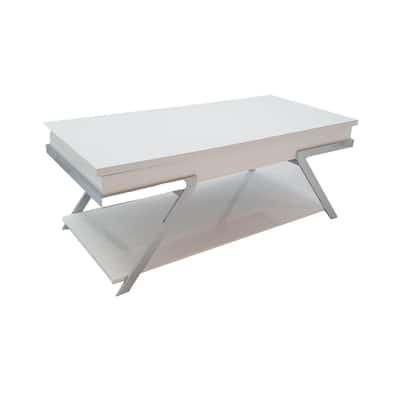 Casey 47 Inch Lift Top Coffee Table, Chrome Metal Frame, Glossy White Top