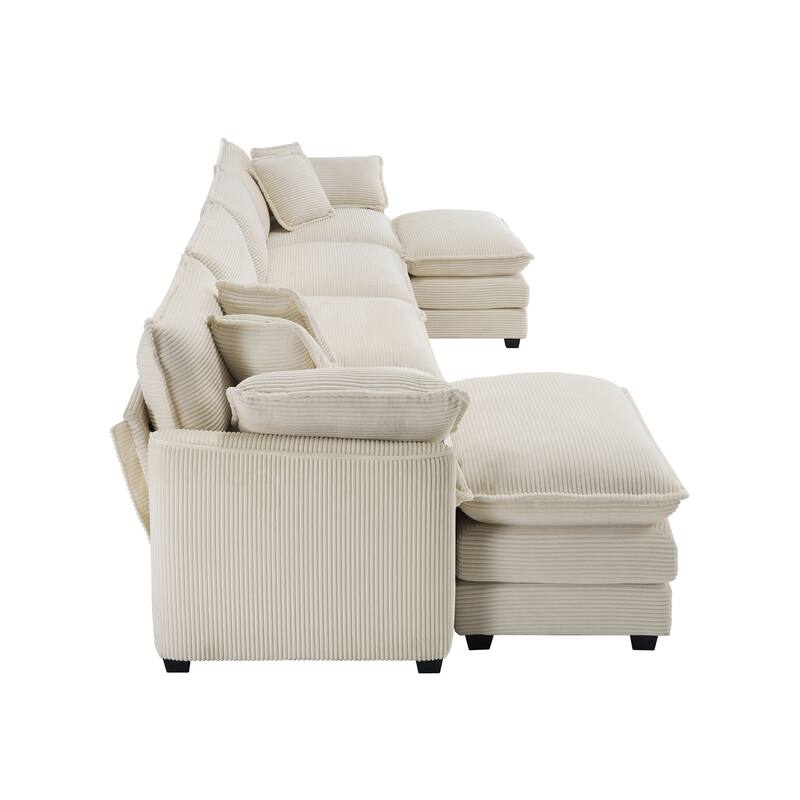 Beige 150" Corduroy Modular U-Shaped Sectional Sofa with 2 Ottomans