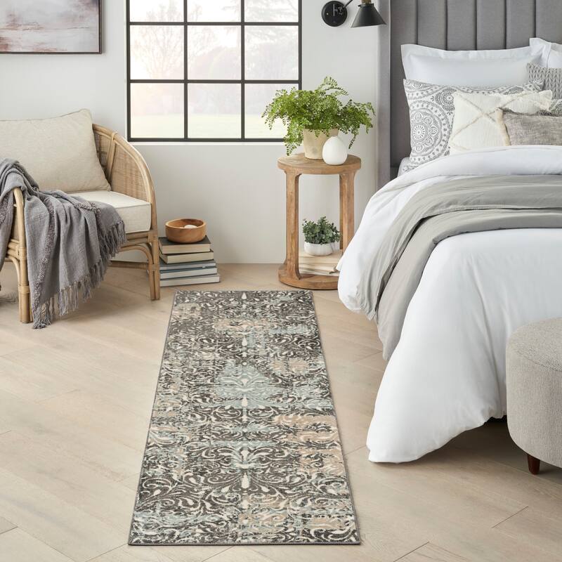 Nourison Marmara Contemporary Country Damask Area Rug - 2'2" x 7'6" - Charcoal Teal Ivory - Rectangle