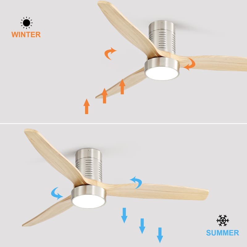 52 Inch Flush Mount Wood Blades White Ceiling Fan Reverse Airflow,6 Wind Speed,Remote Control