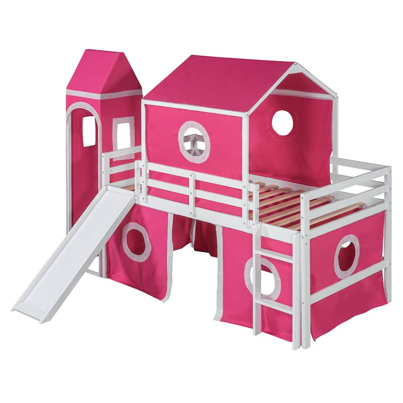 Full/Twin Size Loft Bed with Slide, Pink Tent, Tower, Playhouse Design - Sturdy Solid Wood Construction, Storage Space