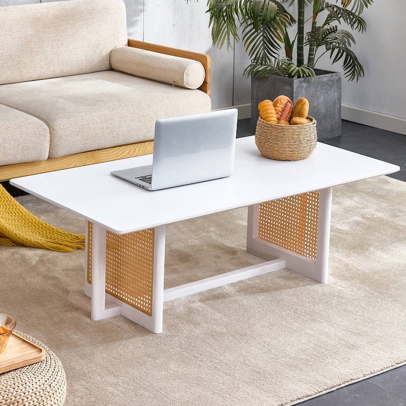Chinese-Style Log Wind Rectangular Tea Table – Solid Wood Coffee Table with Woven Rattan Design for Compact Living Rooms