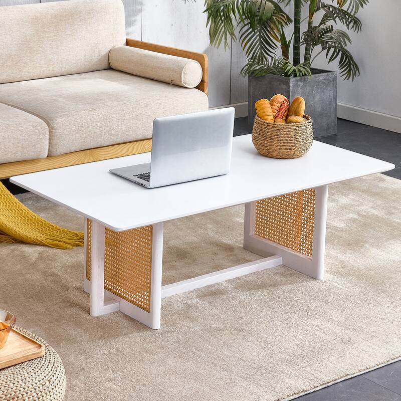 Coffee Table Solid Wood End Table Imitation Rattan Center Table - Off-White