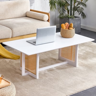 Roomfitters Chinese Style Coffee Table with White Solid Wood Frame, Rattan Accents and Compact Rectangular Design, White