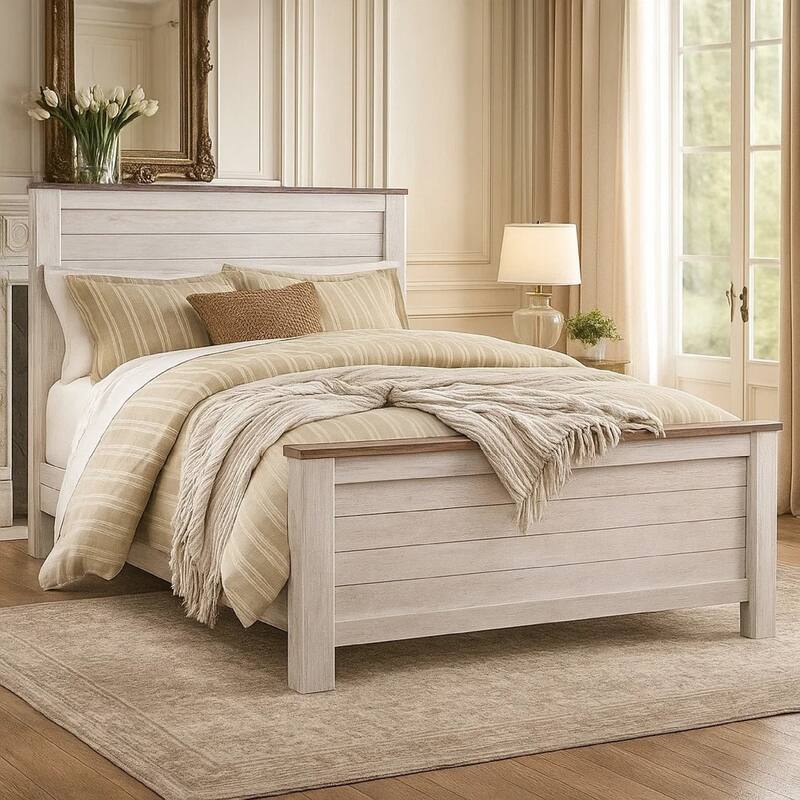 Isla Queen Panel Bed, Faux Planks Block Pattern, Whitewash & Brown Wood