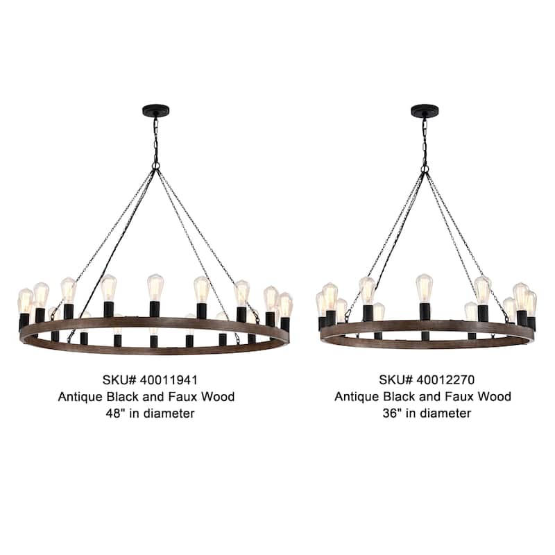 Eva 20-light Antique Black and Faux Wood Metal Round Chandelier - Antique Black