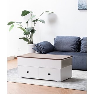 White Coffee Table with Brown Walnut Finish Lift Top, 2 Drawers, and 2 ...