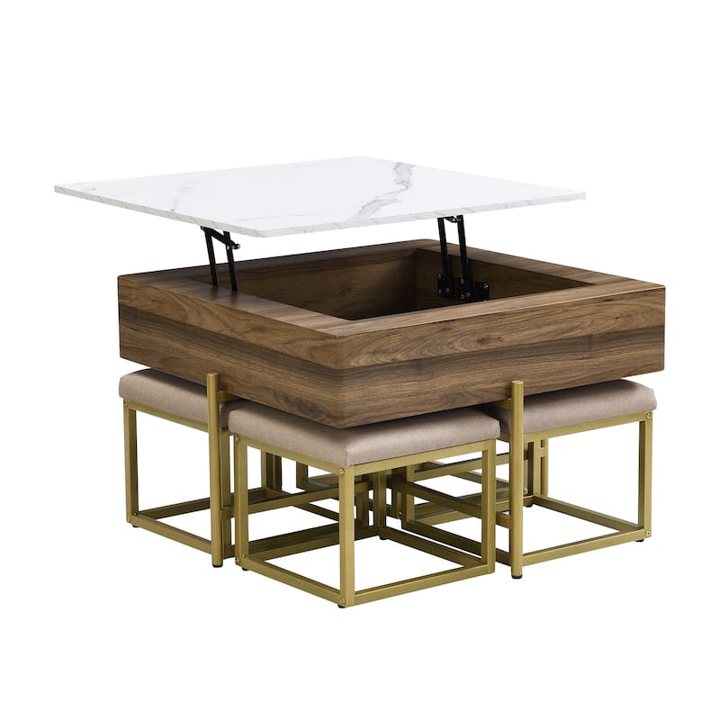 Mid-Century Lift Top Coffee Table Set, Large Square Storage Coffee Table with 4 Ottomans, Family Gathering Wooden Center Table