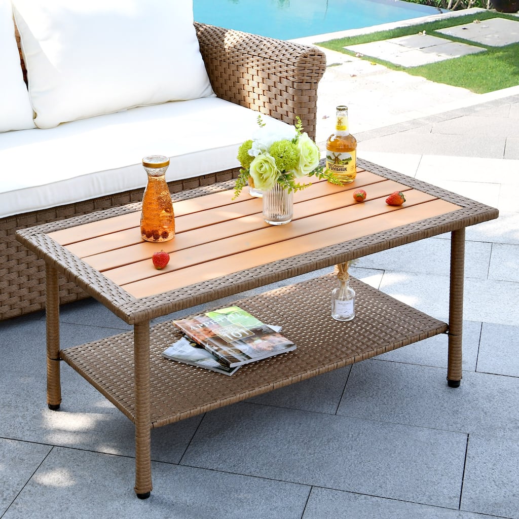 Fernald Outdoor Wicker Coffee Table Rattan Rectangle Dining Table Brown