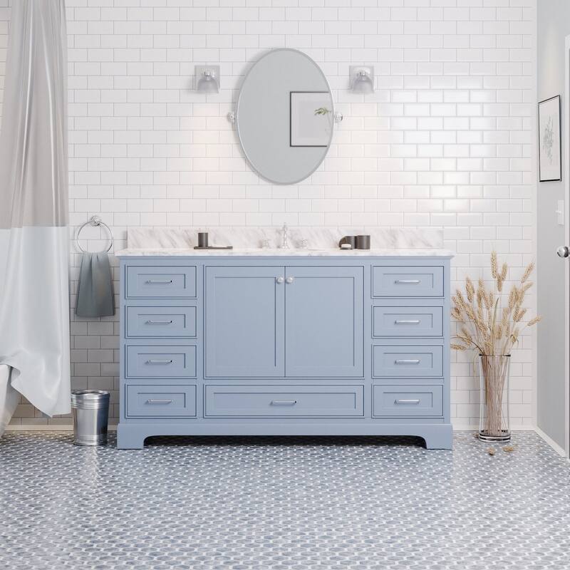 KitchenBathCollection Harper 60" Single Bathroom Vanity with Carrara Marble Top - Powder Blue
