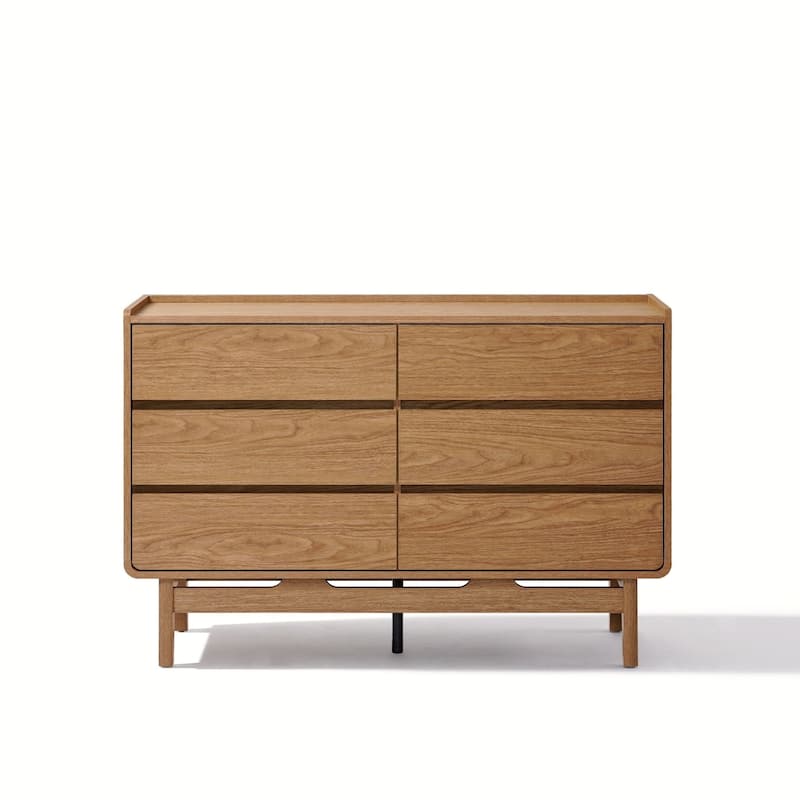 Mid-Century Style Natural Finish Dresser, 6 Drawers, Horizontal Storage, Engineered Wood