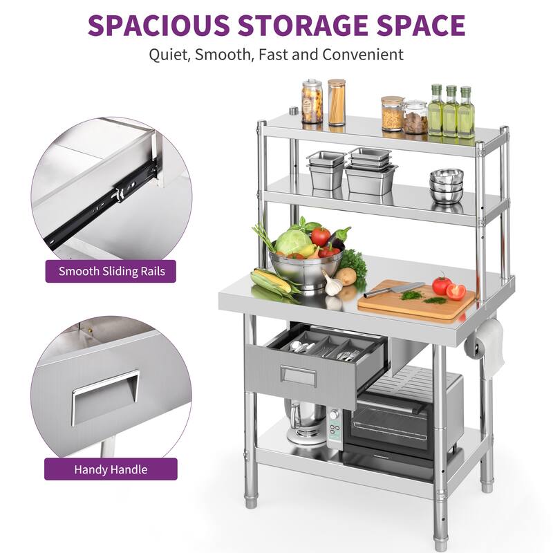 36"×24" Stainless Steel Table with Overshelves and Drawer