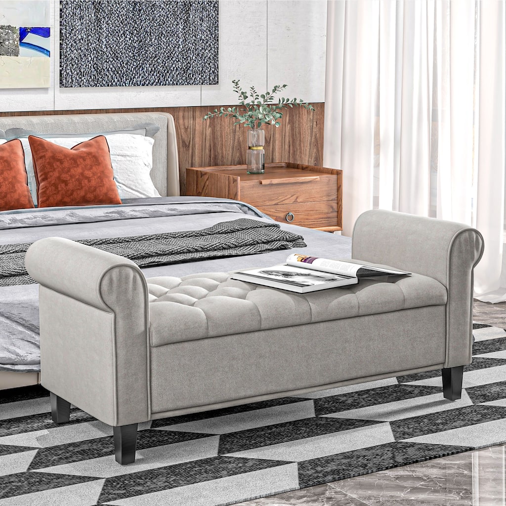 Light Gray Upholstered End of Bed Bench with Rolled Arms, Storage Bench Indoor Bench Window Bench with Wood Legs