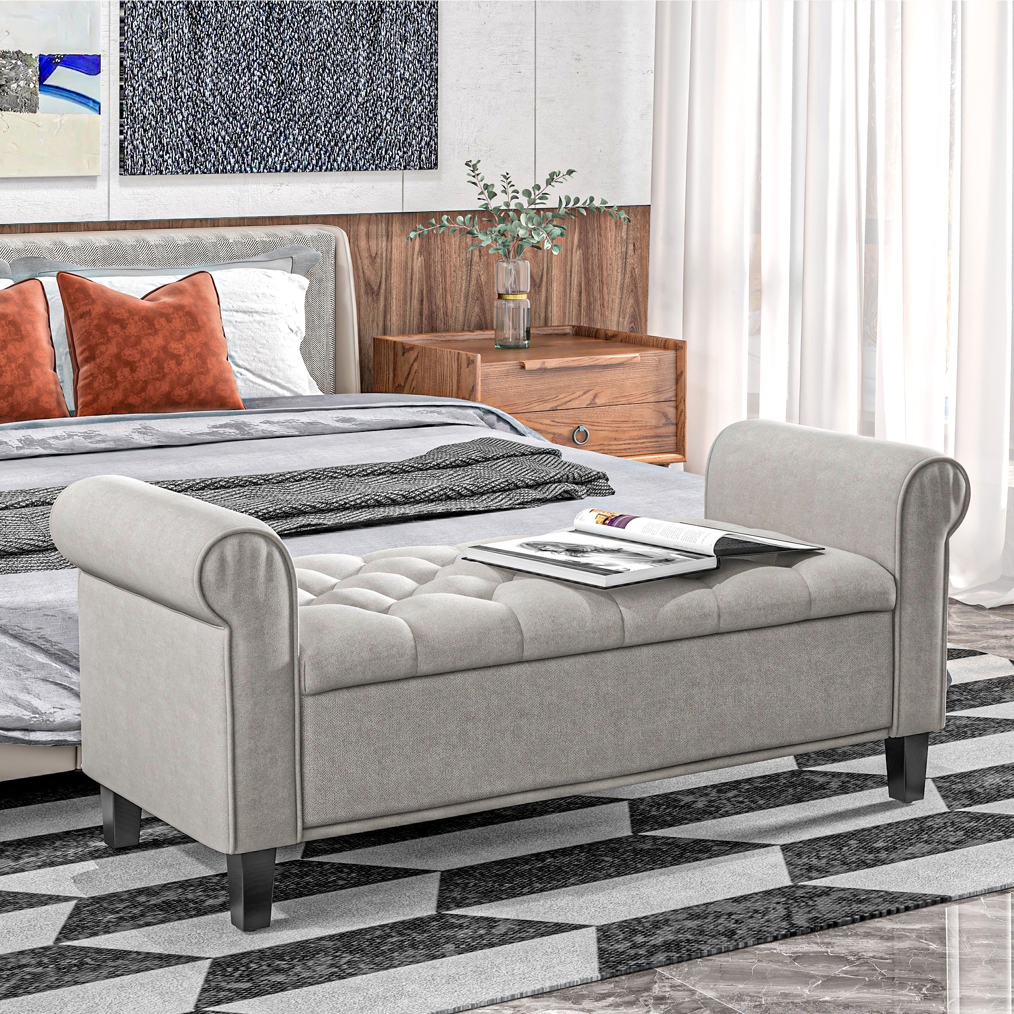 Light Gray Upholstered End of Bed Bench with Rolled Arms, Storage Bench Indoor Bench Window Bench with Wood Legs