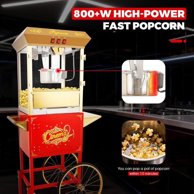 16Oz Commercial Popcorn Machine With Cart and 16 Oz Kettle, Movie Theater Popcorn Machine