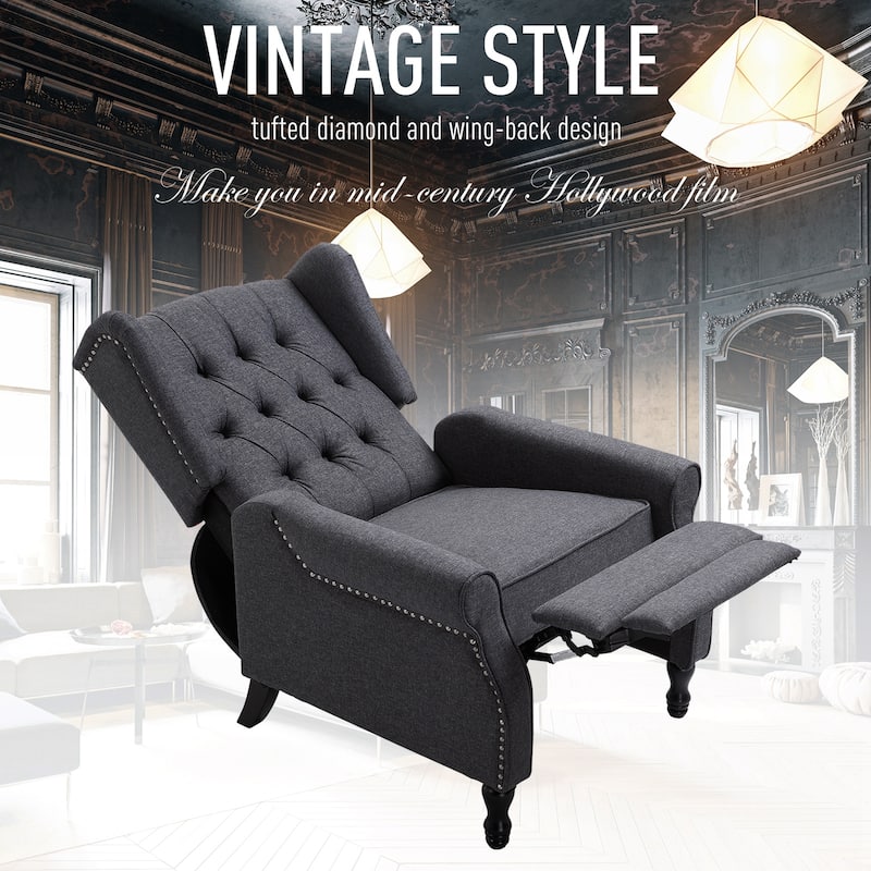 Grey Modern 26" Upholstered Buttons Tufted Recliner Chair with Footrest and Solid Wooden Legs