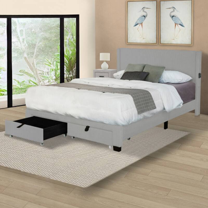 Grey QUEEN SIZE BED FRAME WITH TWO SPACIOUS DRAWERS - Overstock - 43002939