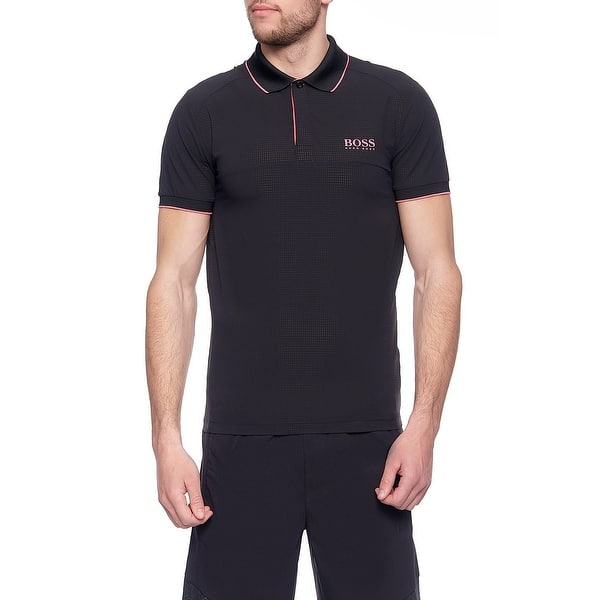 slide 1 of 1, Hugo Boss Mens Pauletech 2 Black Stretch Poly Polo TShirt Active