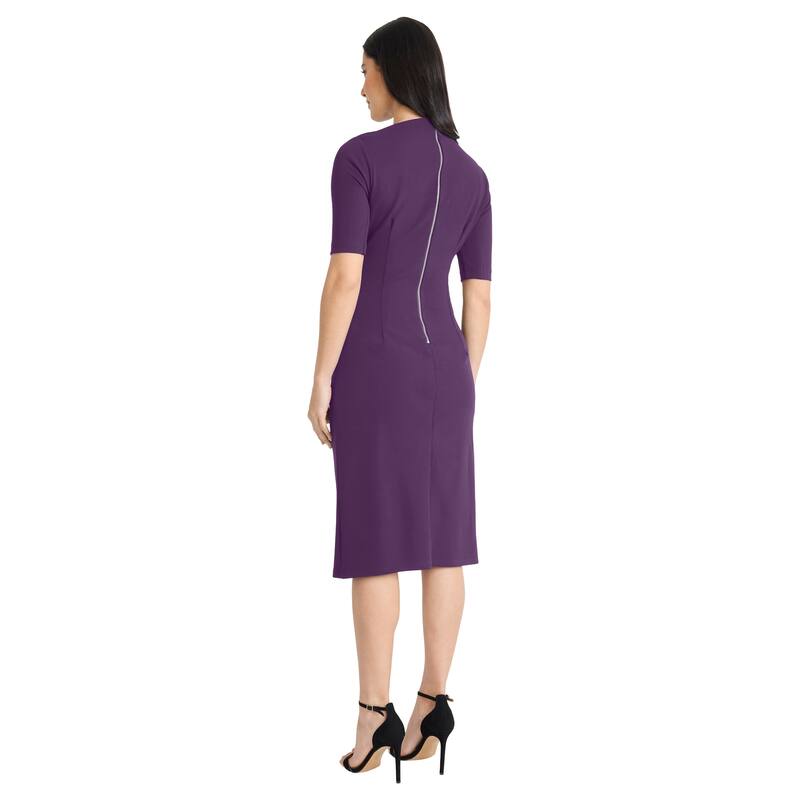 Maggy London Mock Neck Short Sleeve Draped Midi Sheath Dress