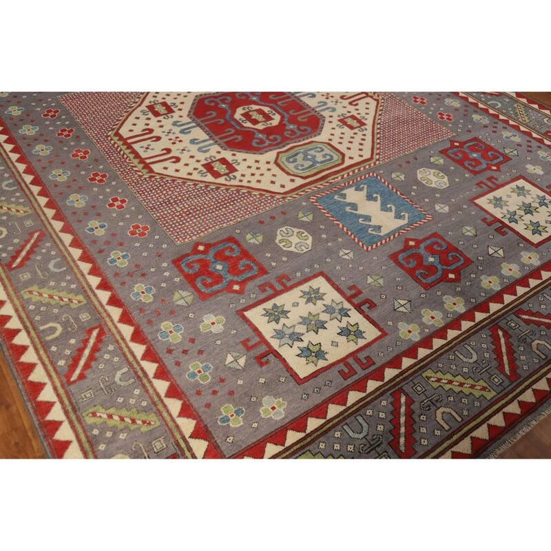 Hand Knotted Oriental 100% Wool Carpet Traditional Geometric Greys & Charcoal Kazak Area Rug - 10' 4'' X 8' 2''