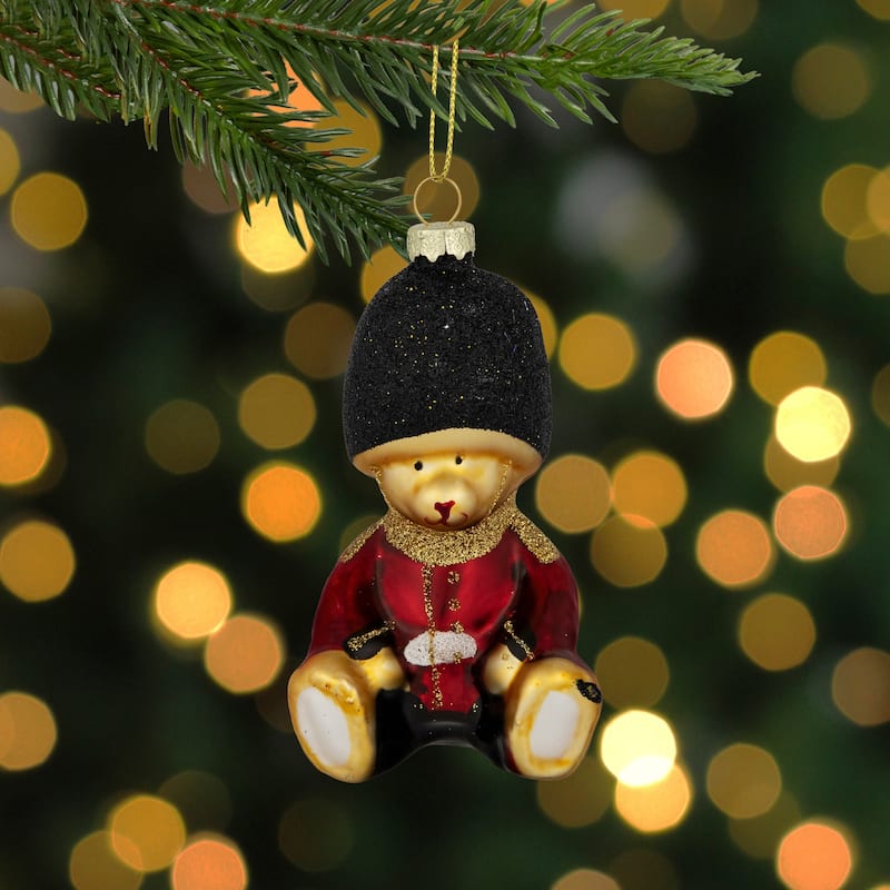 Glittered Teddy Bear Soldier Glass Christmas Hanging Ornament - 4" - Red and Black