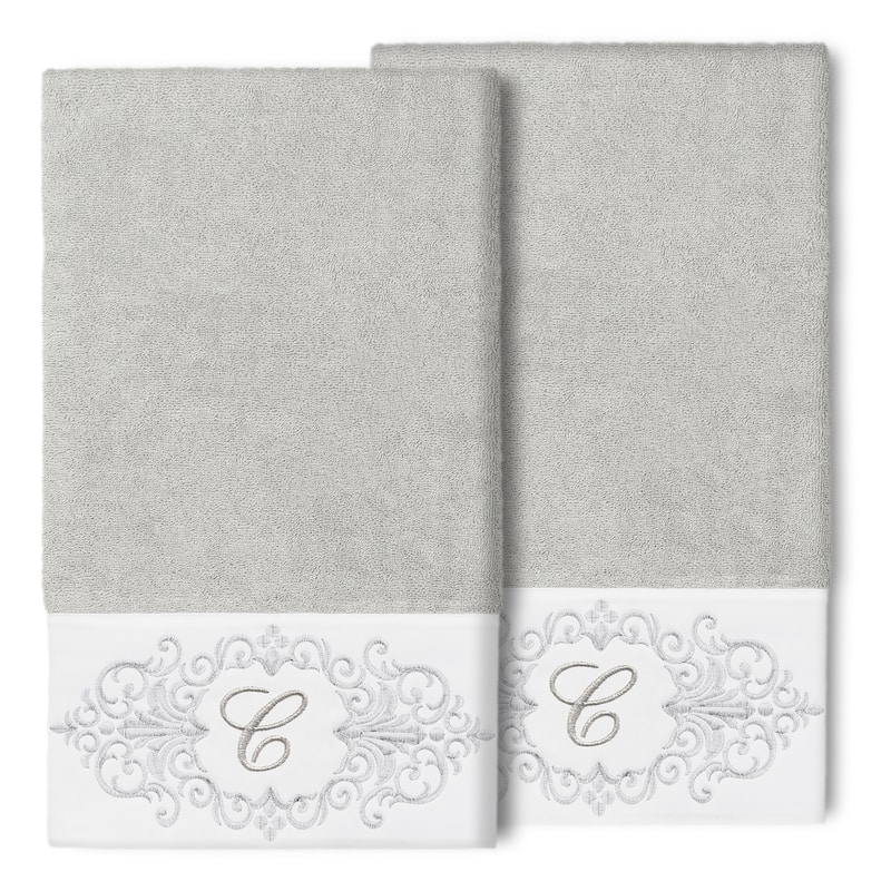 Authentic Hotel and Spa 100% Turkish Cotton Monica 2PC Embellished Bath Towel Set - C - Light Gray