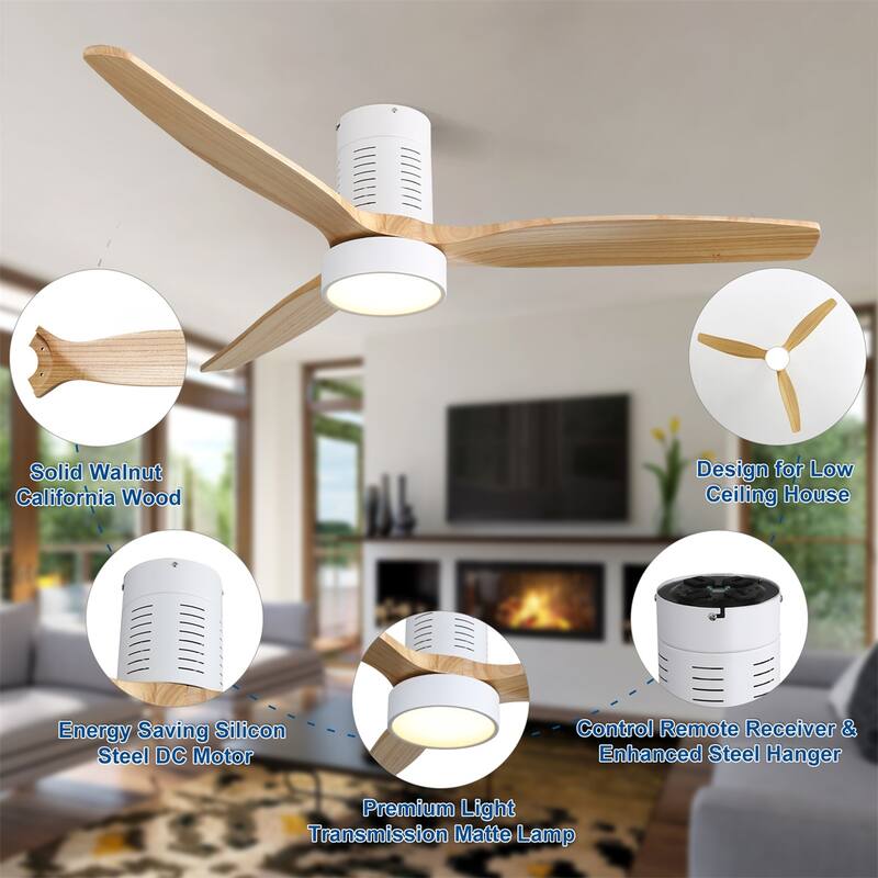 52" Flush Mount Wood Ceiling Fan with Dimmable LED Light and Remote Control