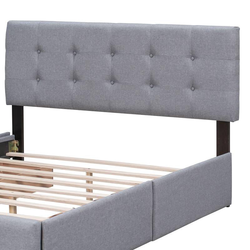 Queen Size Linen Button Tufted Platform Bed Frame with 4 Storage Drawers
