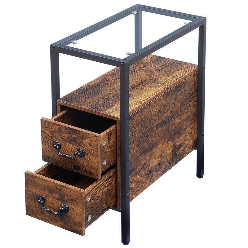 VECELO 2-Drawer Modern End Tables with Glass Top, Narrow Side Tables with Drawers, Nightstands for Small Spaces