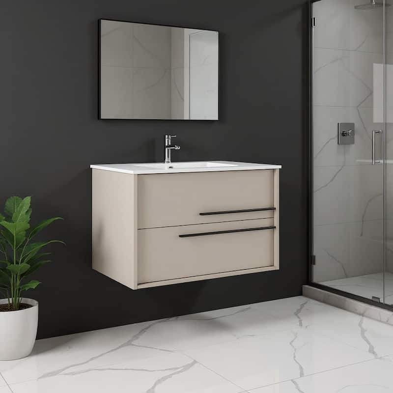 HomeRoots 40" Tan Wood Floating Bathroom Vanity With White Sink And Two Drawers - 40.00 in. x 24.60 in. x 21.60 in. - 40.00 in. x 24.60 in.  x 21.60 in. - Polished - Tan