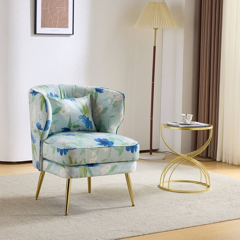 Mid Century Modern Upholstered Reading Chair with Lumbar Pillow, Gold Metal Legs, Small Space Friendly for Living Room Bedroom