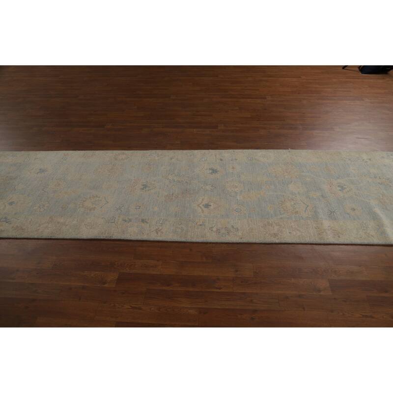 Vegetable Dye Blue Oushak Turkish Runner Rug Hand-Knotted Wool Carpet - 3'1" x 11'8"