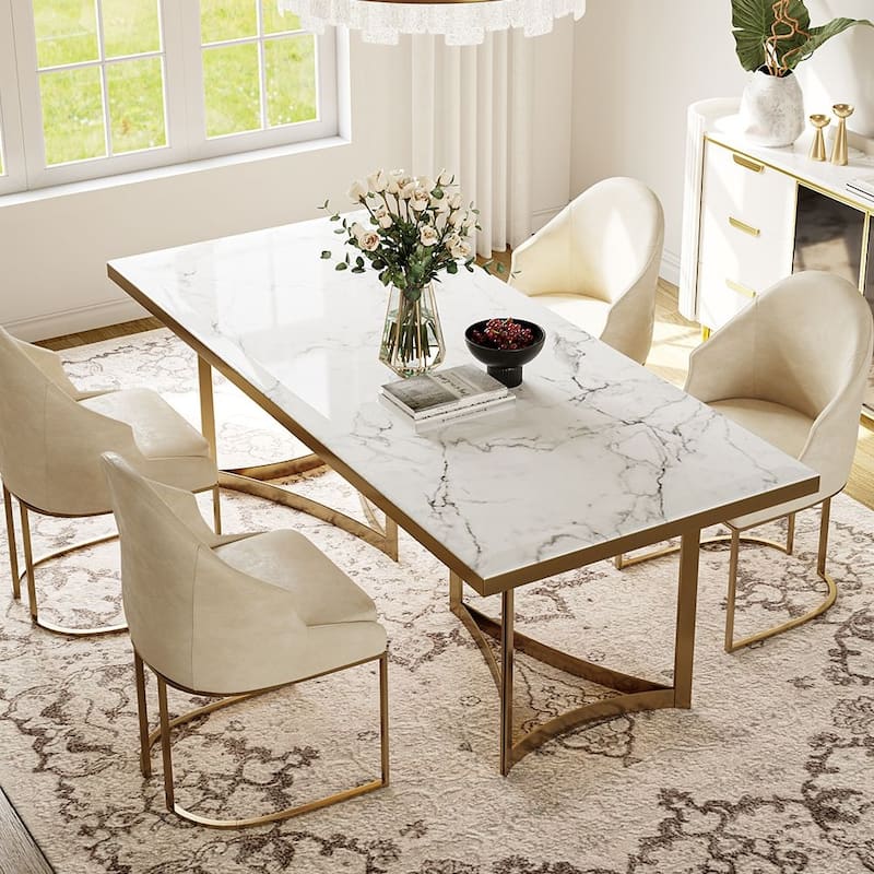 Modern Marble Dining Table with White Rectangular Tabletop Gold Stainless Legs, Dining Room Table
