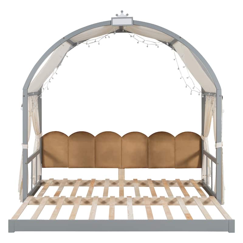 Wood Twin Size Bed Frame with Arched Roof, Floor Bed with Light and Curtain, Pull-out Kids Bed for Girls Boys Bedroom