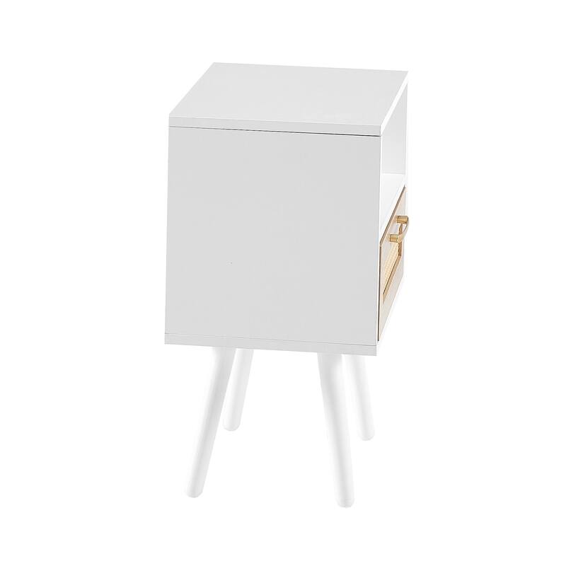 15.75" Rattan End table with drawer and solid wood legs, Modern nightstand, side table