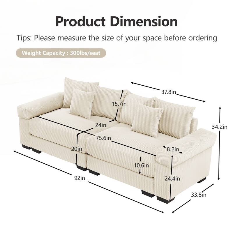 Oversized Cloud Modular Sectional Couch,Corduroy Fabric Extra-Wide Armrests Throw Pillows