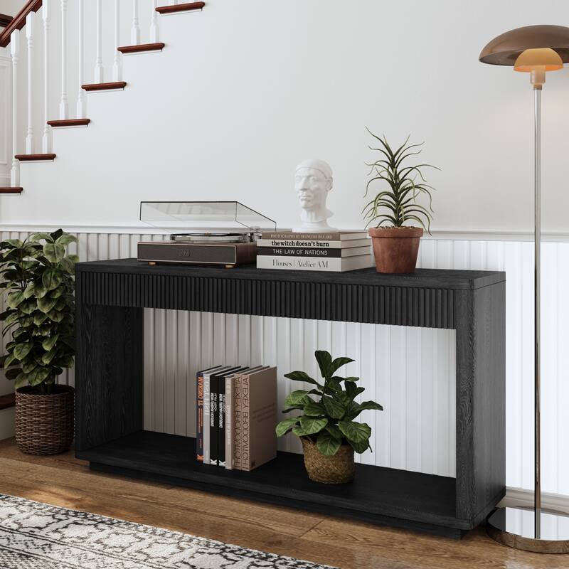 Modern Fluted Console Table with 2 Drawer, 60" Entryway Table Sofa Table Behind Couch with Open Storage for Living Room
