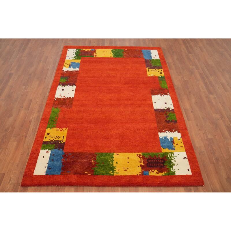 Hand Knotted Oriental 100% Wool Carpet Modern Solid Oranges & Rust Gabbeh Area Rug - 7' 10'' X 5' 6''