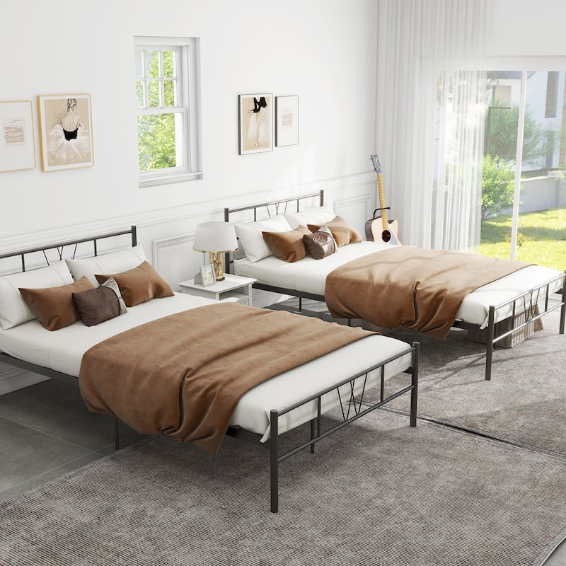 Full Size Metal Bed Frame with Headboard Platform Bed / Heavy Duty/ Solid Metal Slat / No Box Spring Needed, Twin Bed Frame